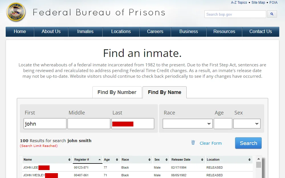 A screenshot of the Federal Bureau of Prisons' 'Find an Inmate" page shows the list of offenders, including their name, register no., age, race, sex, release date and location.