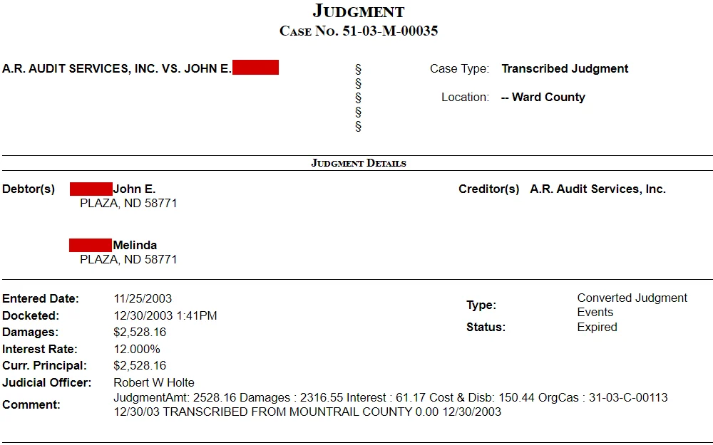 A screenshot of the judgment search result in Ward County, North Dakota, displays case information such as party name, case type, location and judgment details.