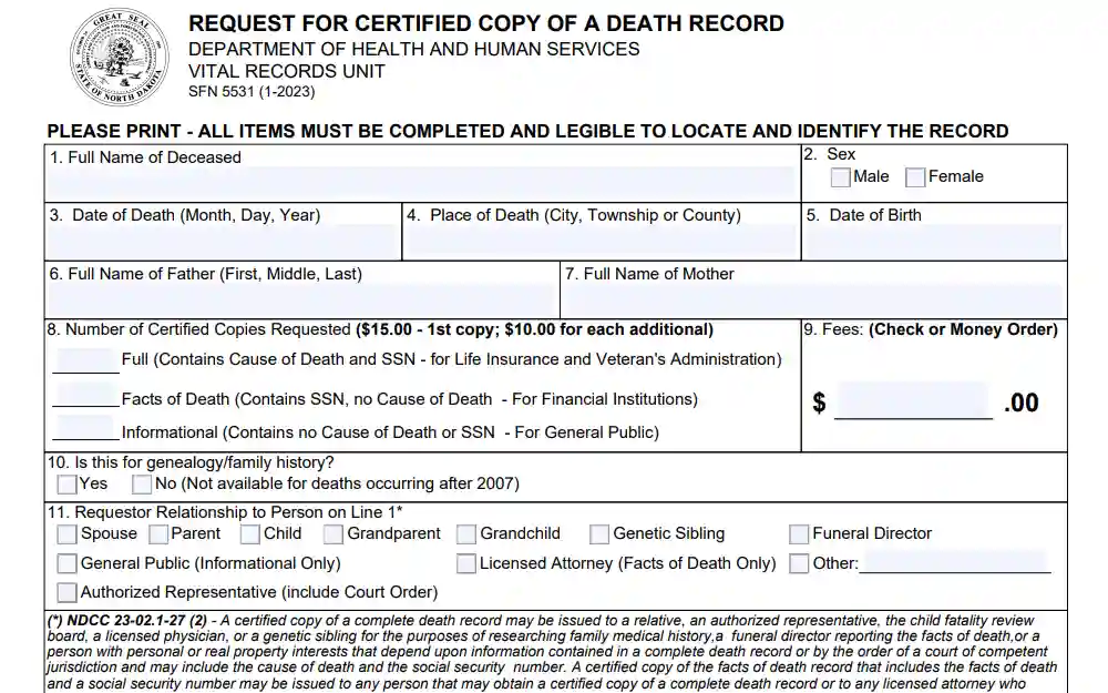 A screenshot of the request for a certified copy of a death document from the North Dakota Department of Health and Human Services, where requesters must provide information such as full name of deceased, sex, date of death, place/date of birth, parents' name and number of copies.