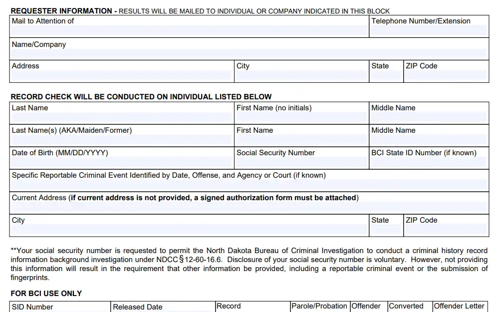 A screenshot of the 'Public Request for Criminal History Record Information' form from the North Dakota Attorney General, where requesters must provide their information and an individual's name to conduct a record check.
