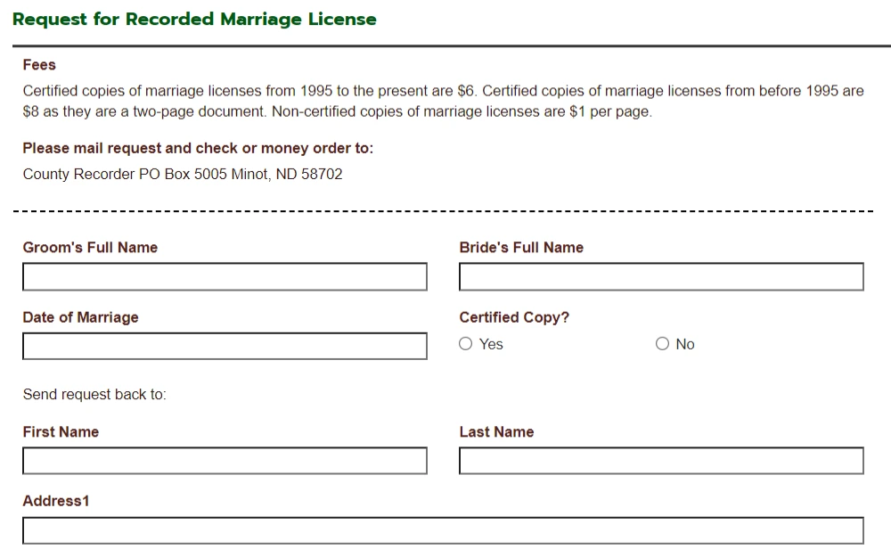 A screenshot of the online form to request a Ward County Marriage License displays the required information to complete the request, including the fees and the mailing address.