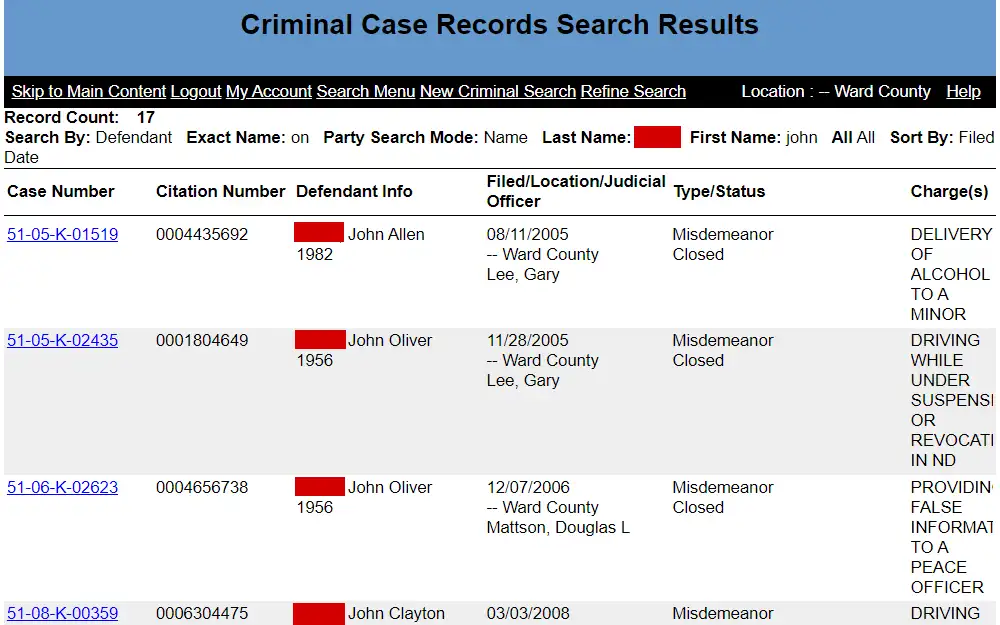 A screenshot of the 'North Dakota Court Records Inquiry' results display a list of criminal cases, including case number, citation number, defendant info, filed/location/judicial officer, type/status and charge details.
