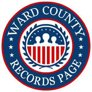 A round red, white, and blue logo with the words Ward County Records Page in relation to the state of North Dakota.
