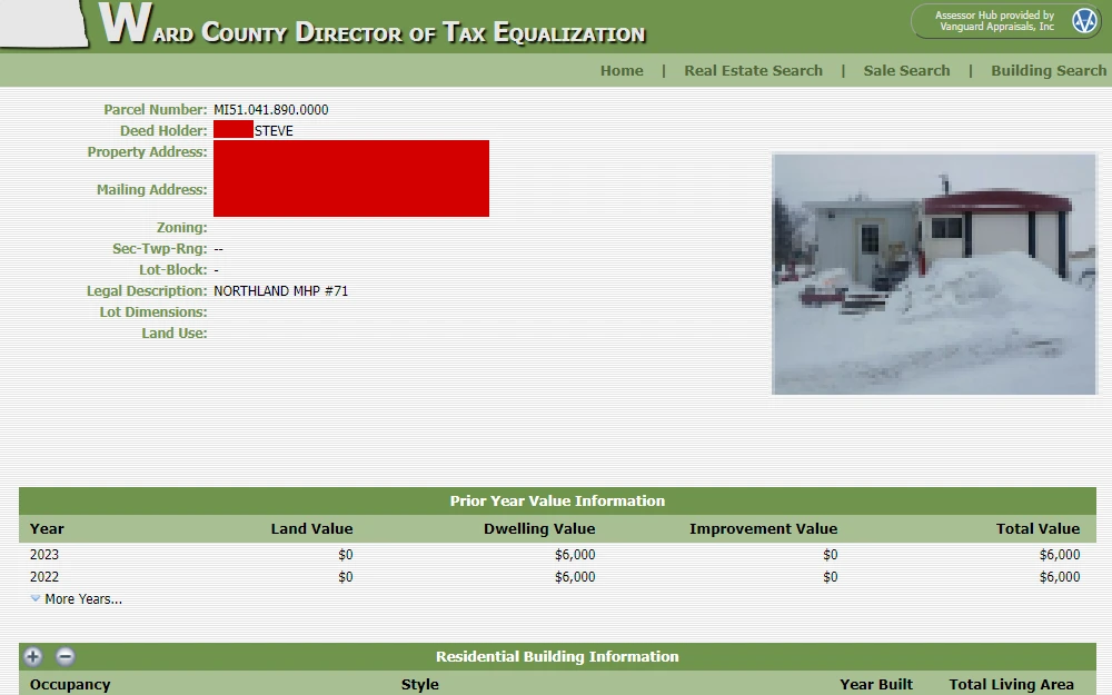 A screenshot of the results from a parcel search on the Ward County Director of Tax Equalization website displays property information such as parcel no., deed holder, address, property image, prior year value information and residential building information.